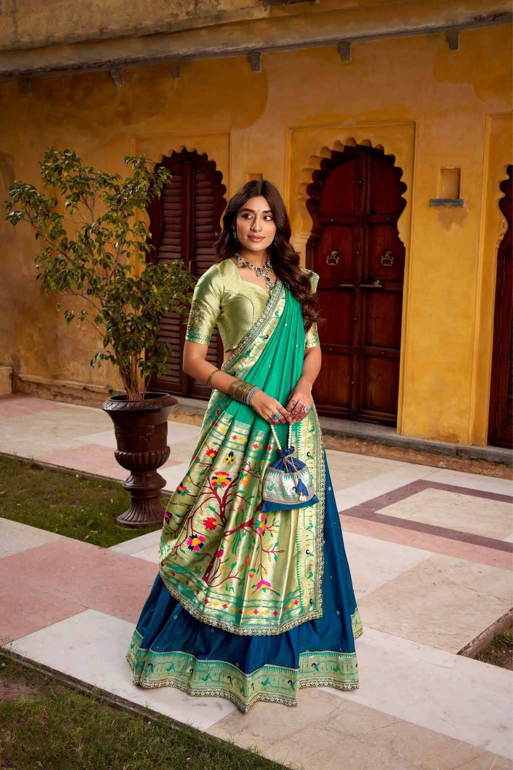 Designer Premium Paithani Soft Silk Zari Weaving Sequins With Thread Embroidery Lehenga Set