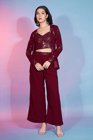 Party Wear Red Georgette Thread With Sequins Co-Ords Set