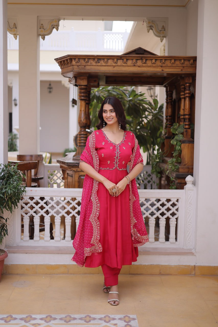 Party Wear Mul Chanderi Kurti Set with Pant and Dupatta
