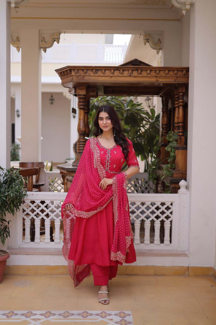 Party Wear Mul Chanderi Kurti Set with Pant and Dupatta
