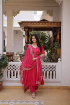 Party Wear Mul Chanderi Kurti Set with Pant and Dupatta
