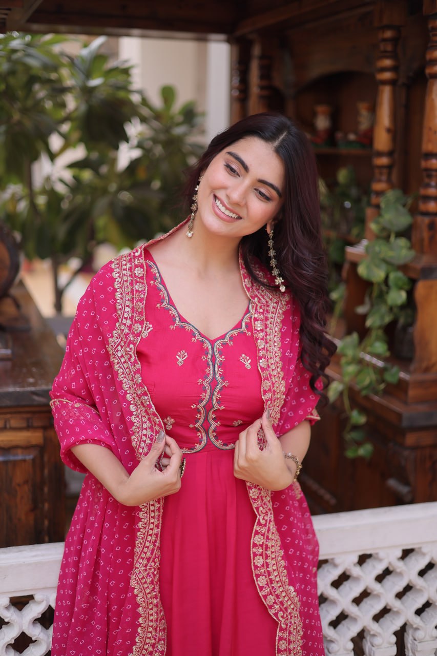 Party Wear Mul Chanderi Kurti Set with Pant and Dupatta
