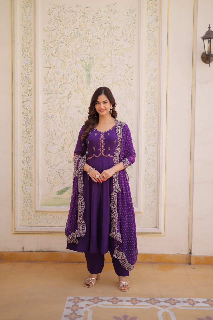 Party Wear Mul Chanderi Kurti Set with Pant and Dupatta
