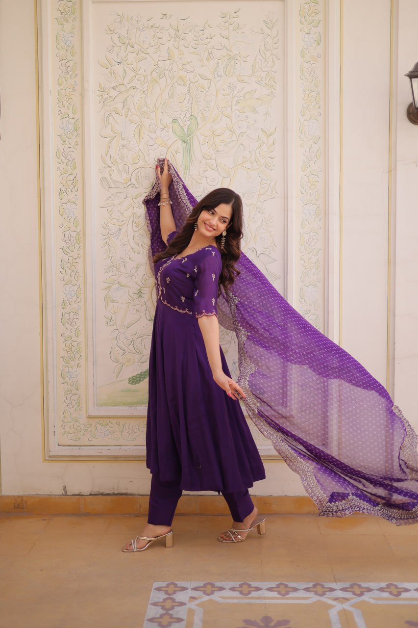 Party Wear Mul Chanderi Kurti Set with Pant and Dupatta
