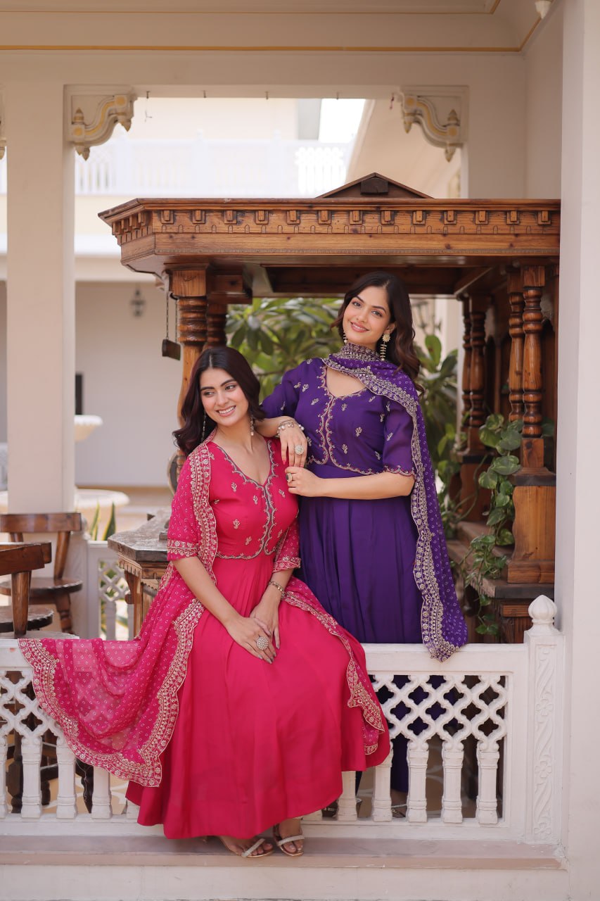 Party Wear Mul Chanderi Kurti Set with Pant and Dupatta
