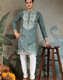Pastel Pista Viscose Silk Embroidered Kurta for Men
