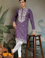 Pastel Purple Embroidered Viscose Silk Kurta Set