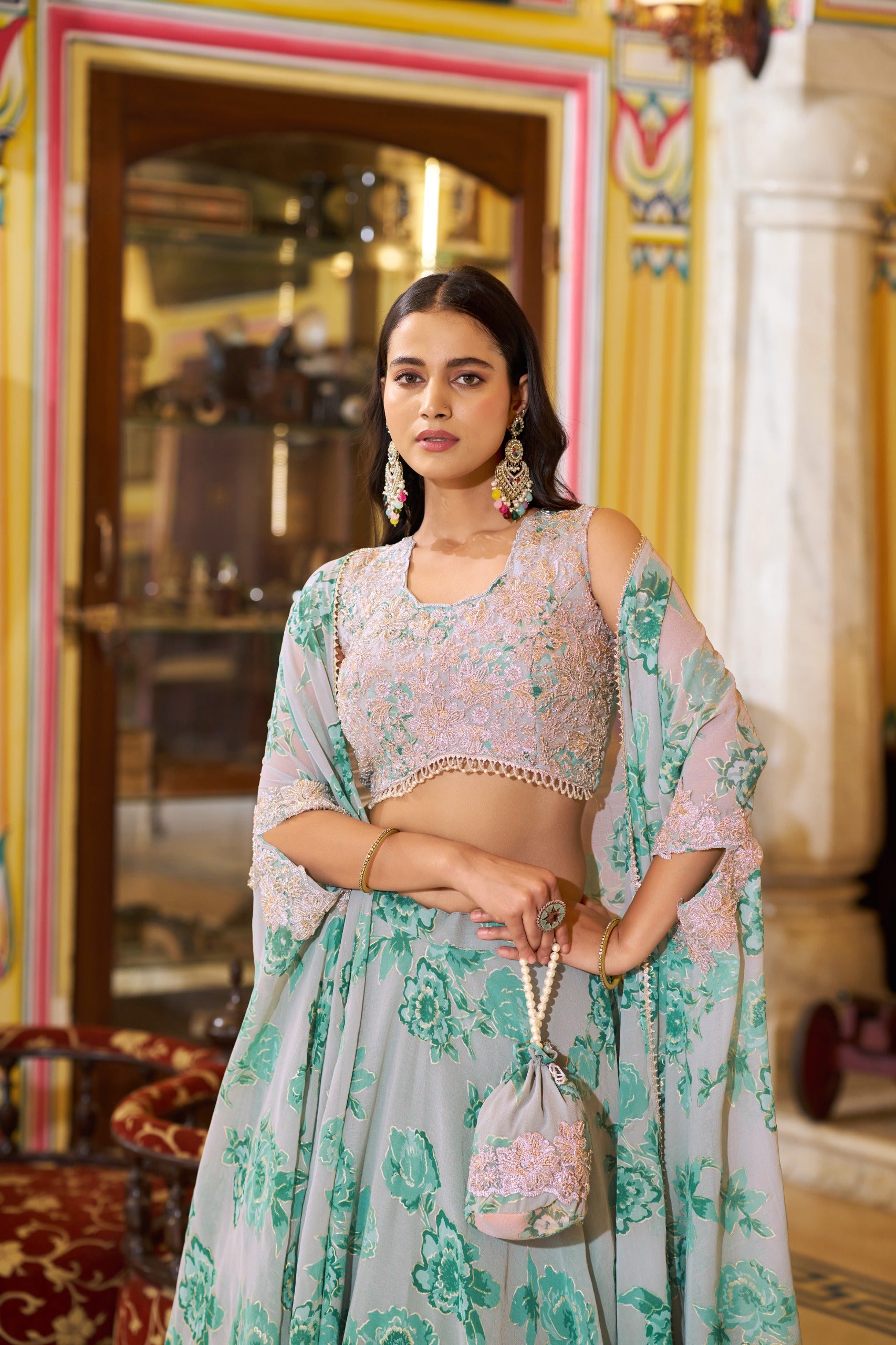 Luxury Pastel Georgette Embroidery Sequins Work Lehenga Set with Batwa
