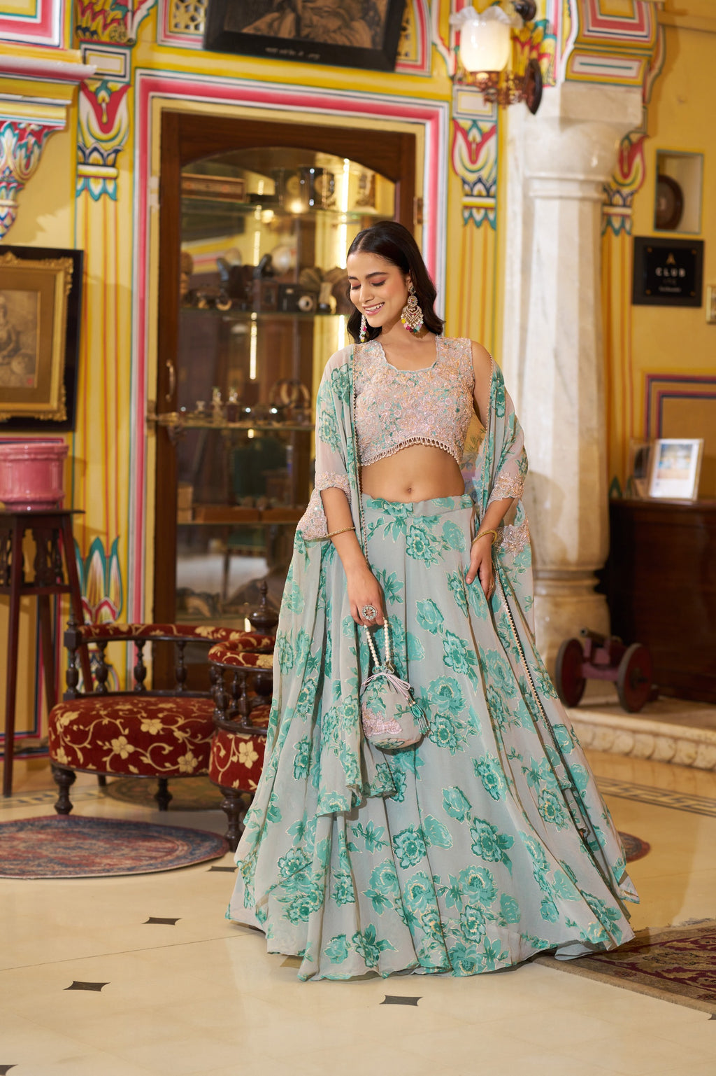 Luxury Pastel Georgette Embroidery Sequins Work Lehenga Set with Batwa
