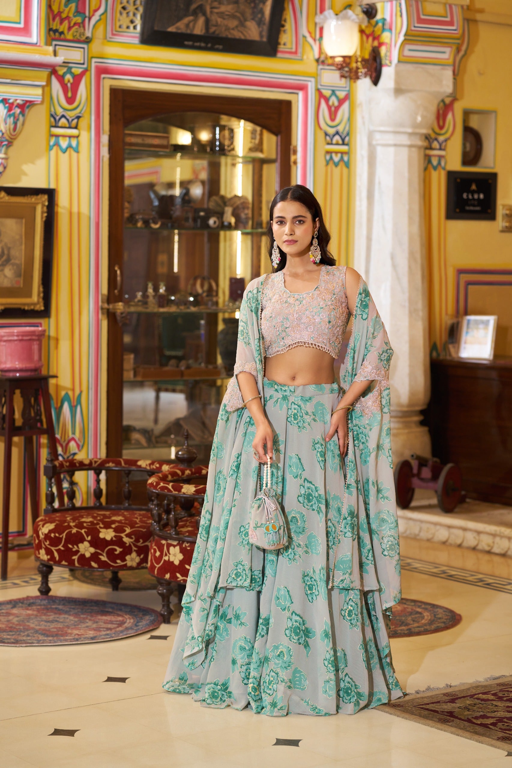 Luxury Pastel Georgette Embroidery Sequins Work Lehenga Set with Batwa
