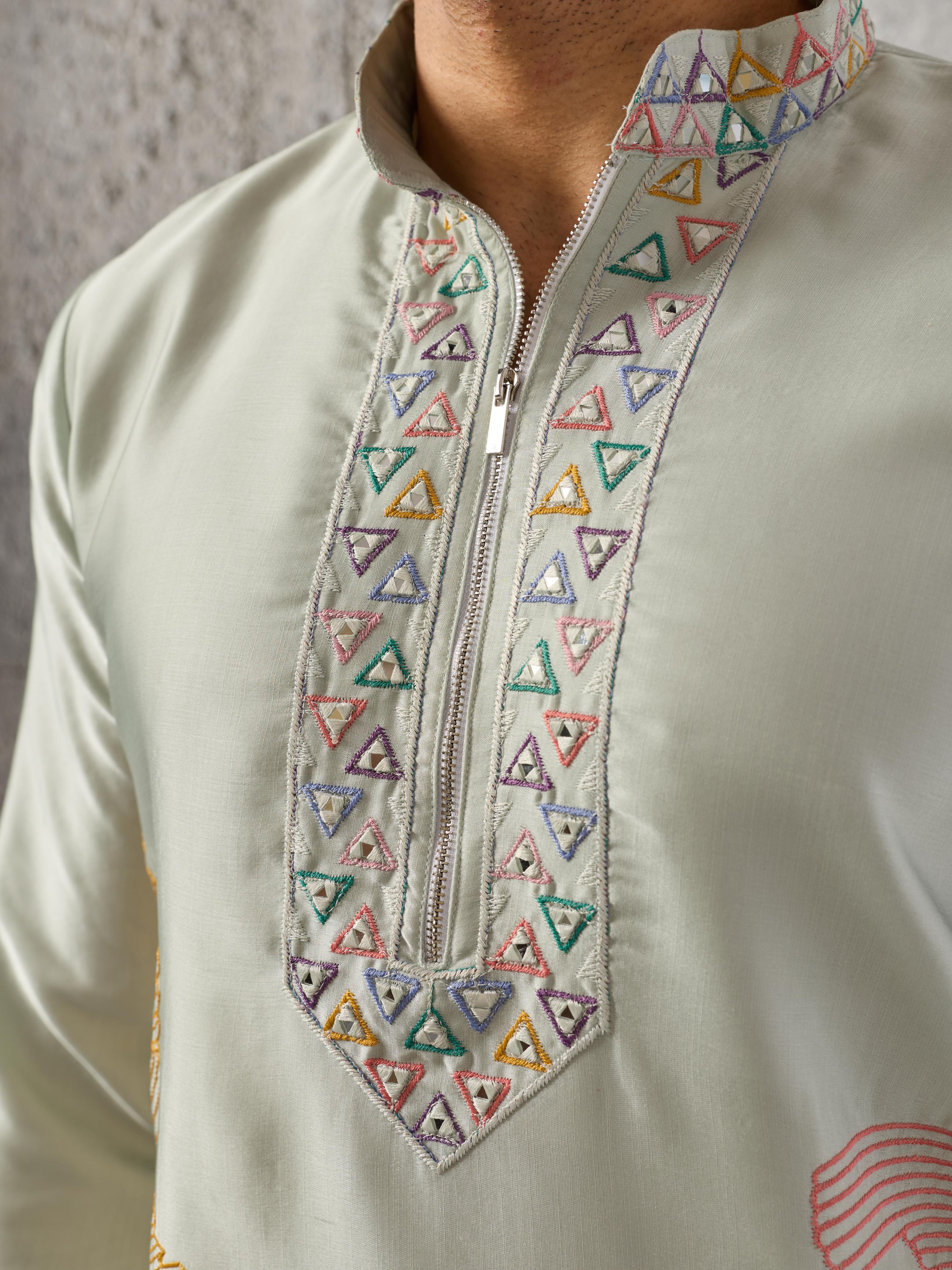 Pastel Pista Green Soft Silk Festive Kurta Set For Mens Wear
