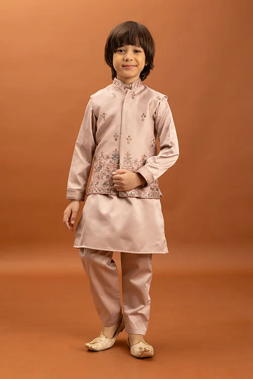 Wedding Special Peach Mirror Work Koti Kurta for Boys