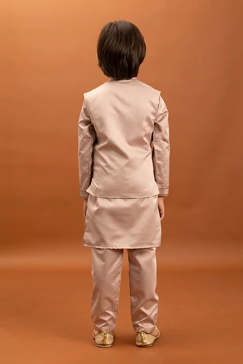 Wedding Special Peach Mirror Work Koti Kurta for Boys