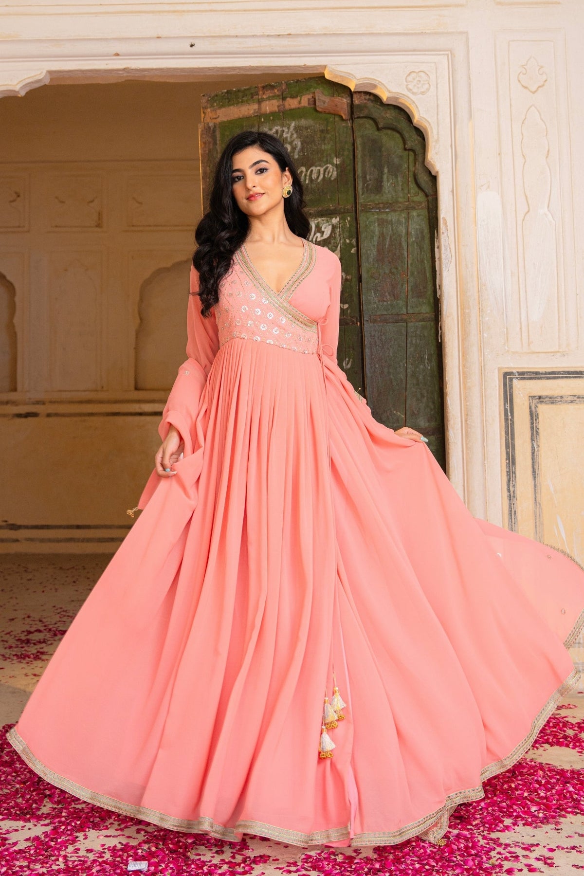 Peach Radiance Embroidered Georgette Anarkali Set