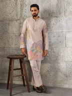 Peach Premium Soft Silk Embroidered Kurta Bell Bottom Set
