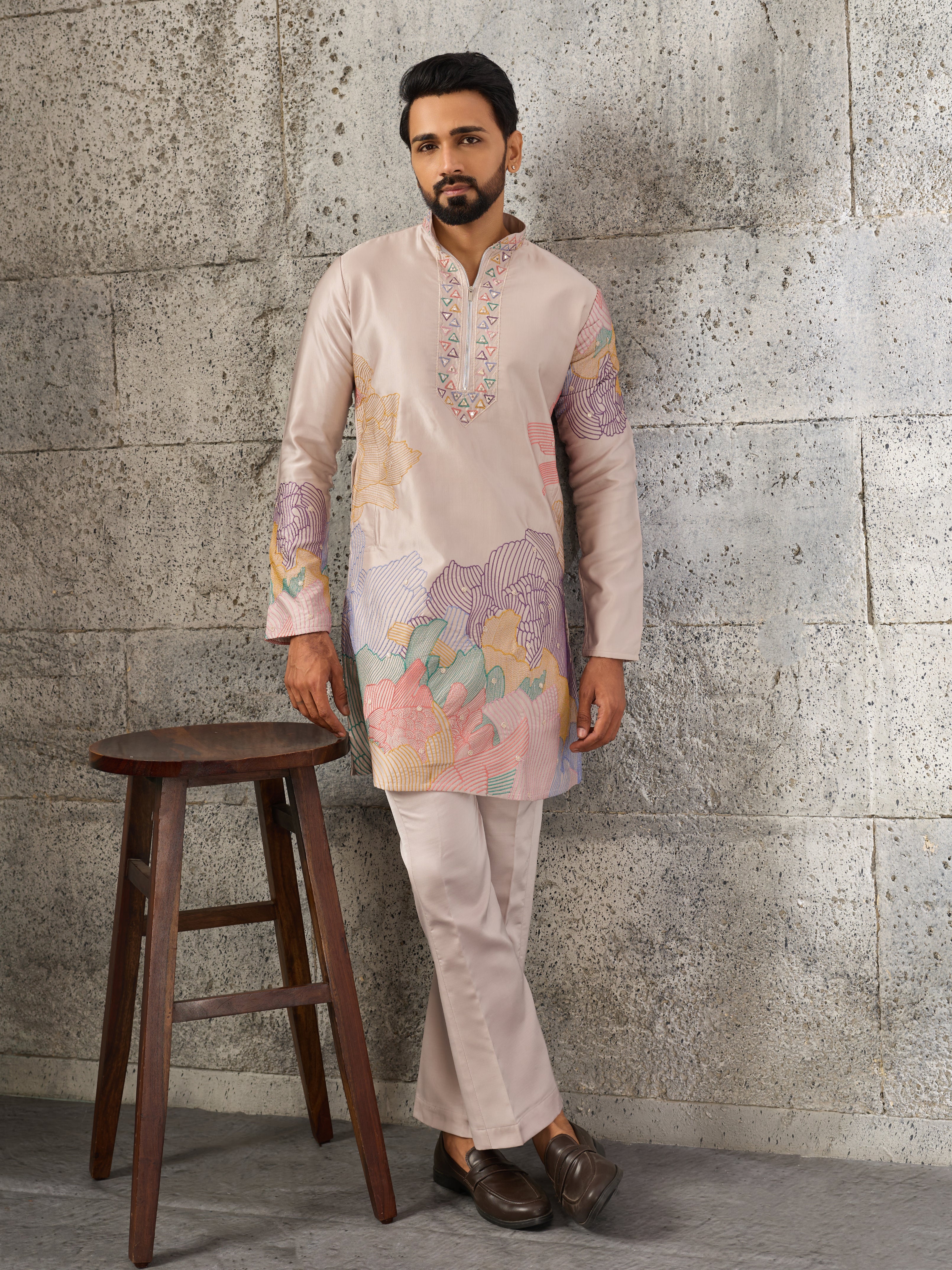 Peach Premium Soft Silk Embroidered Kurta Bell Bottom Set
