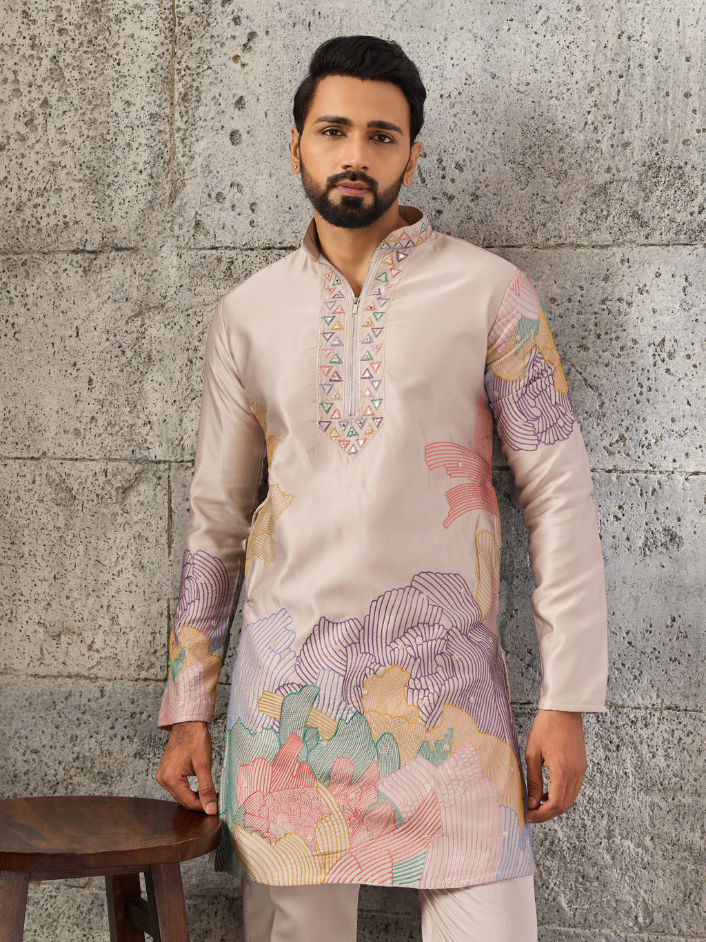 Peach Premium Soft Silk Embroidered Kurta Bell Bottom Set
