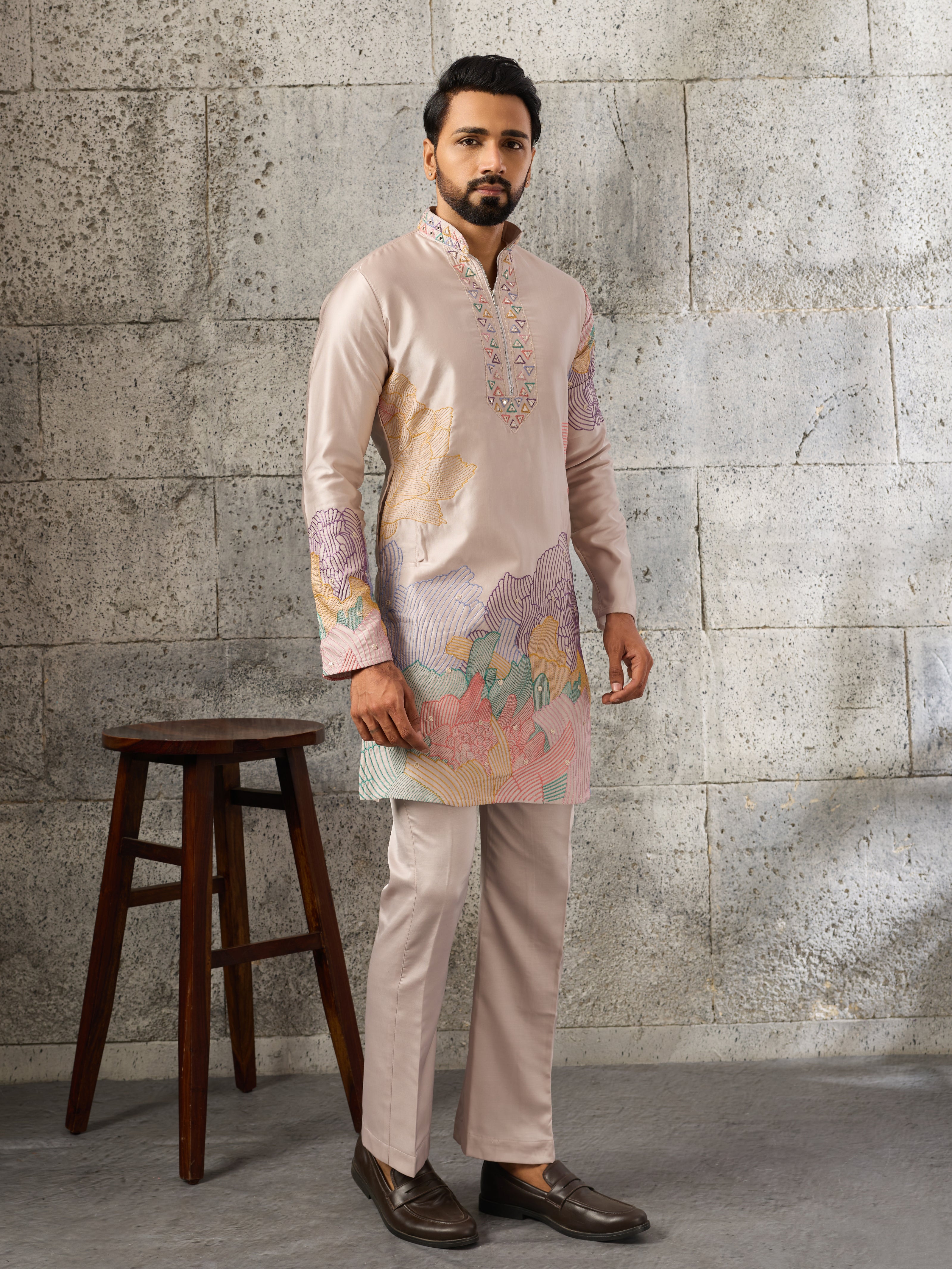 Peach Premium Soft Silk Embroidered Kurta Bell Bottom Set
