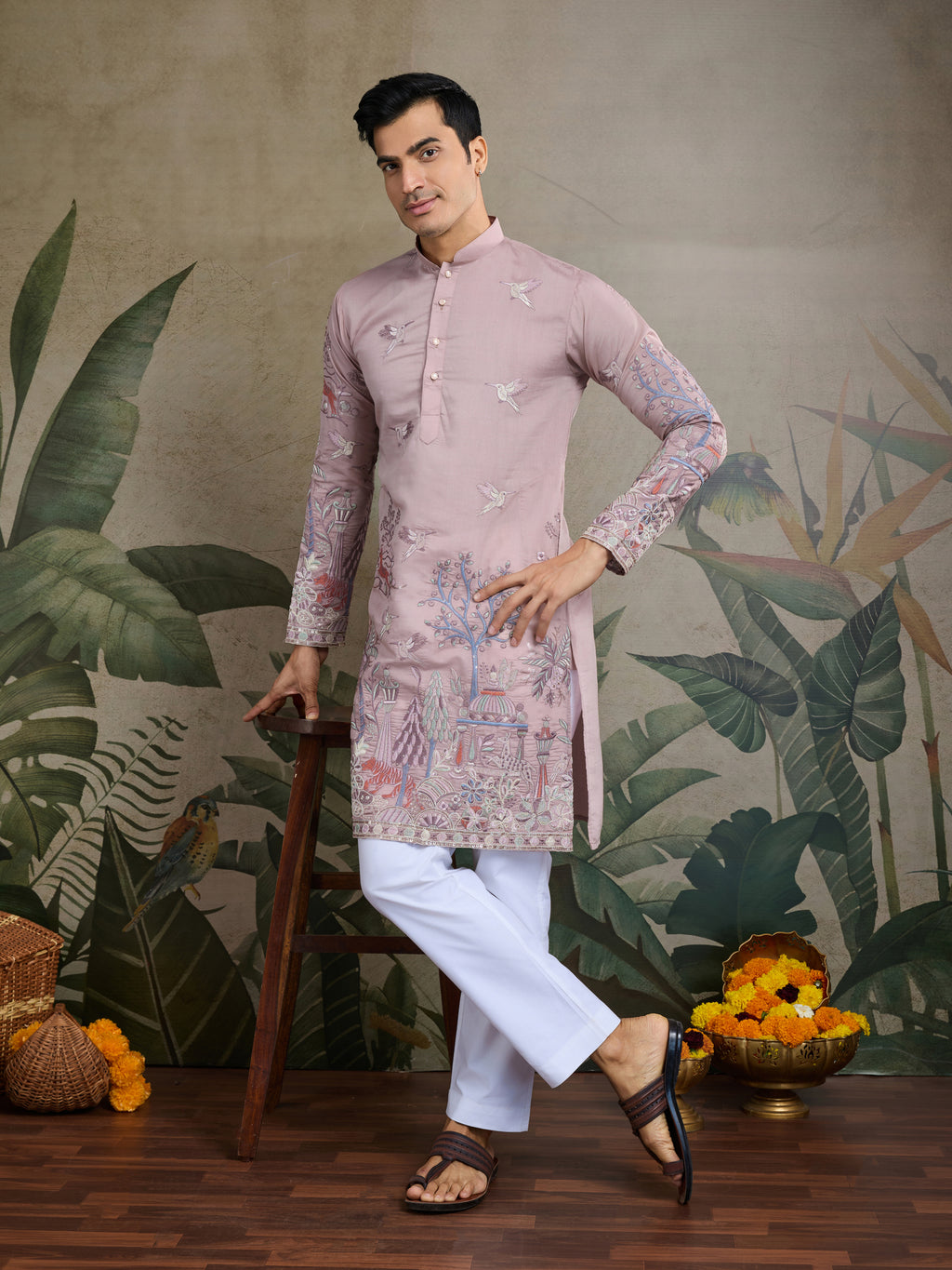 Designer Peach Viscose Silk fancy kurtas for men
