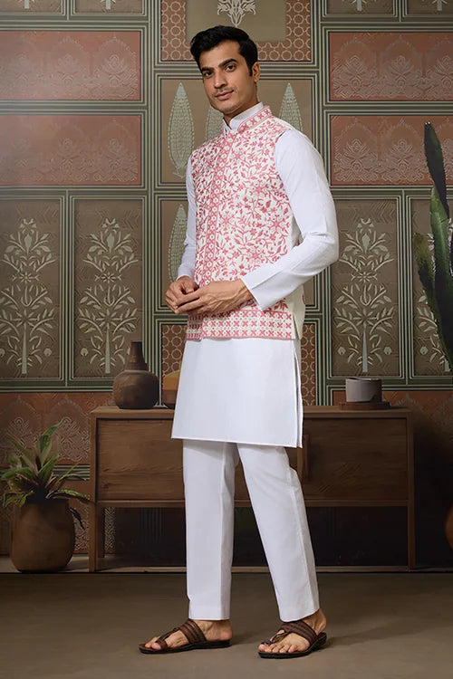 Wedding Pink Koti with White Kurta Pajama Set