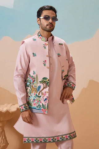 Classy Light Pink Mens Koti Kurta for Wedding Celebrations