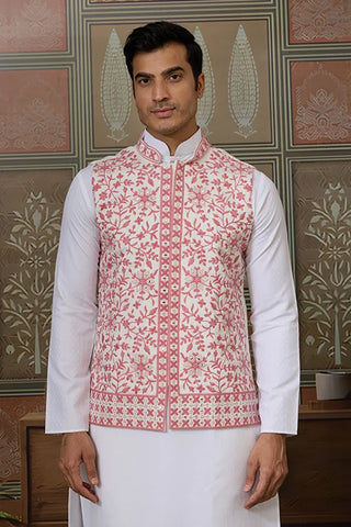 Wedding Pink Koti with White Kurta Pajama Set