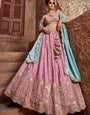 Luxury Pink Art Silk Floral Dori Sequins Embroidered Wedding Lehenga Choli