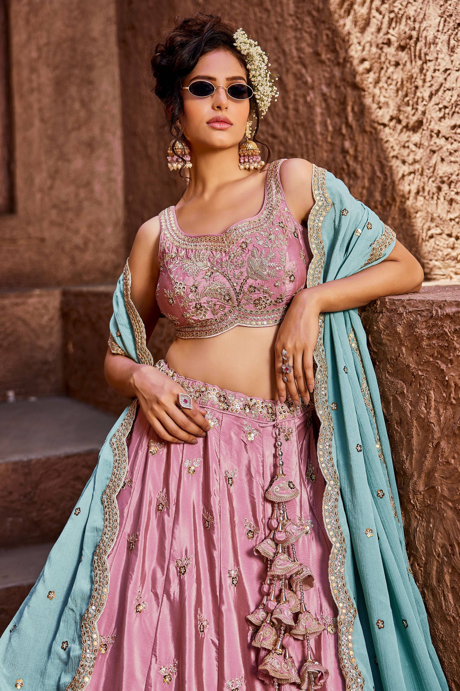 Luxury Pink Art Silk Floral Dori Sequins Embroidered Wedding Lehenga Choli
