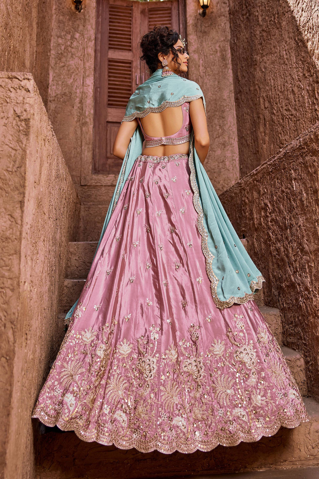 Luxury Pink Art Silk Floral Dori Sequins Embroidered Wedding Lehenga Choli
