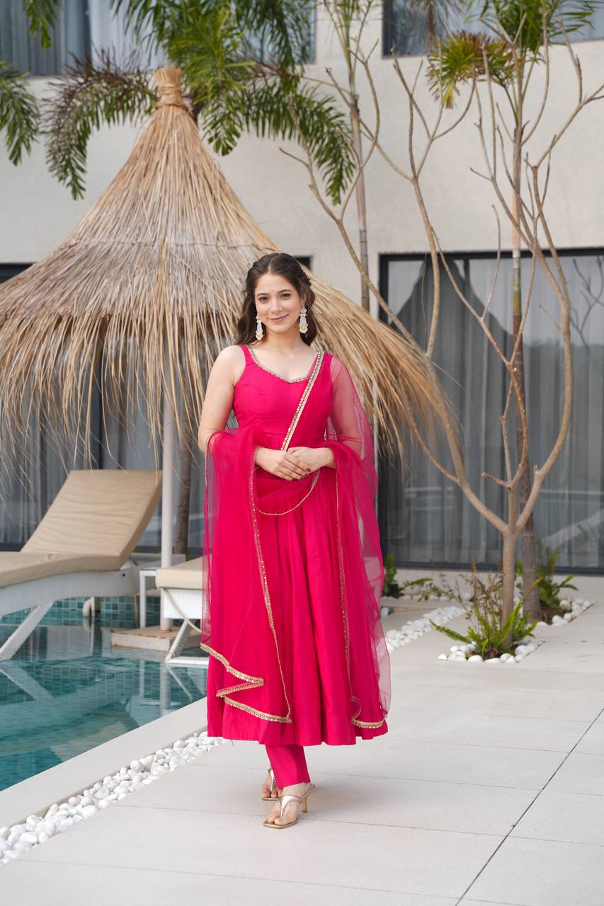 Pure Soft Roman Silk Chanderi Fabric Anarkali Suit Comes With Duppatta & Pant - Pink

