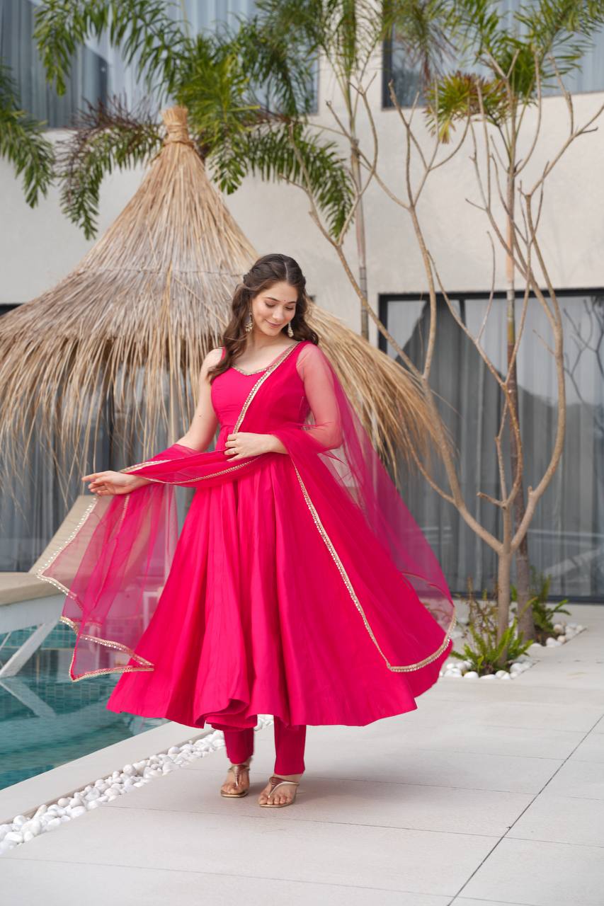 Pure Soft Roman Silk Chanderi Fabric Anarkali Suit Comes With Duppatta & Pant - Pink
