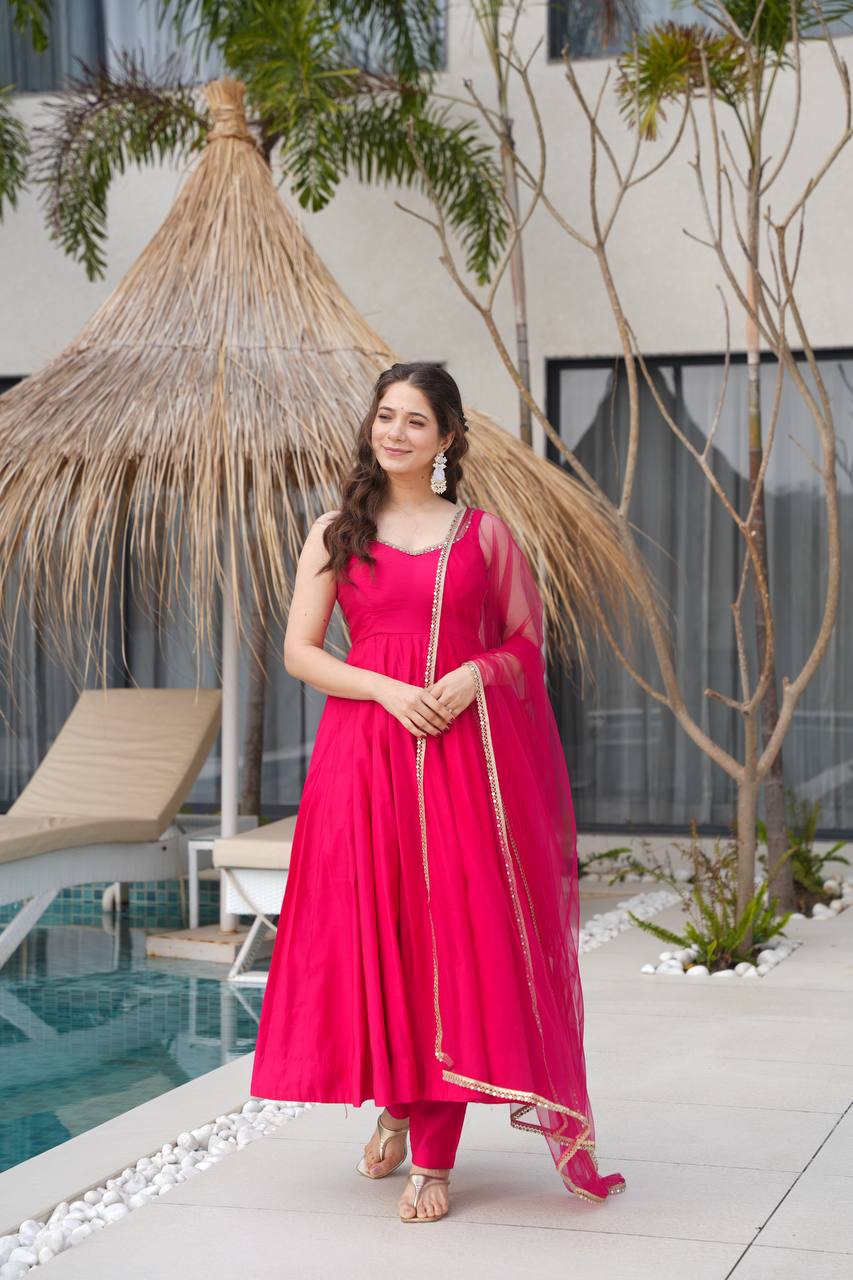 Pure Soft Roman Silk Chanderi Fabric Anarkali Suit Comes With Duppatta & Pant - Pink
