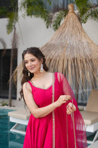 Pure Soft Roman Silk Chanderi Fabric Anarkali Suit Comes With Duppatta & Pant - Pink
