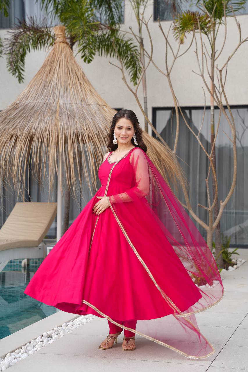 Pure Soft Roman Silk Chanderi Fabric Anarkali Suit Comes With Duppatta & Pant - Pink
