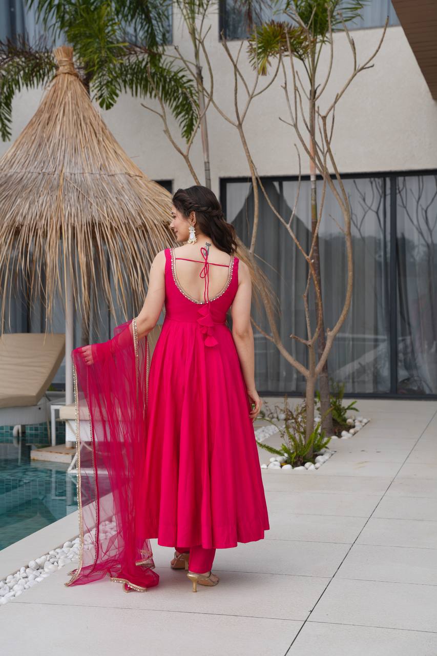 Pure Soft Roman Silk Chanderi Fabric Anarkali Suit Comes With Duppatta & Pant - Pink
