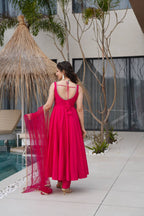 Pure Soft Roman Silk Chanderi Fabric Anarkali Suit Comes With Duppatta & Pant - Pink
