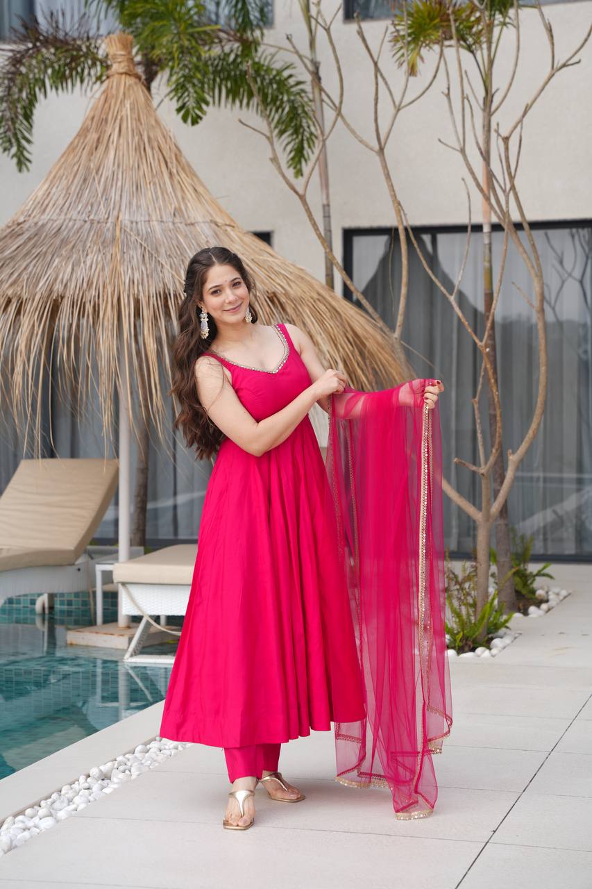 Pure Soft Roman Silk Chanderi Fabric Anarkali Suit Comes With Duppatta & Pant - Pink
