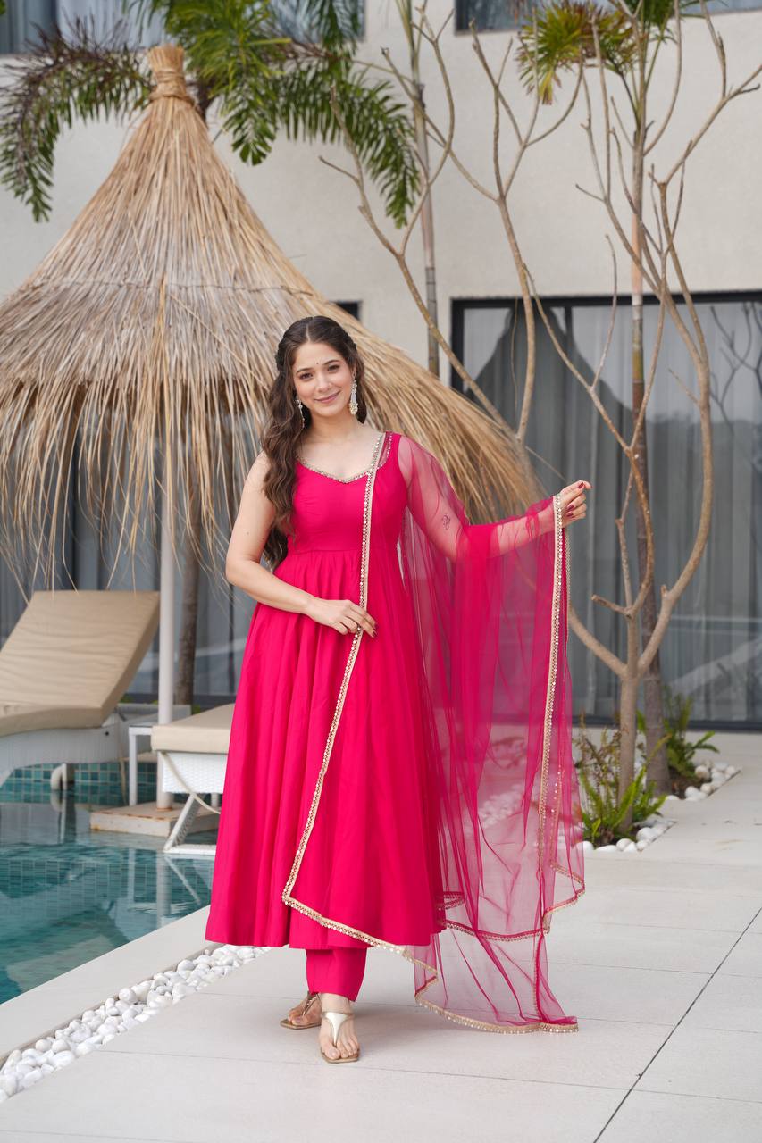 Pure Soft Roman Silk Chanderi Fabric Anarkali Suit Comes With Duppatta & Pant - Pink
