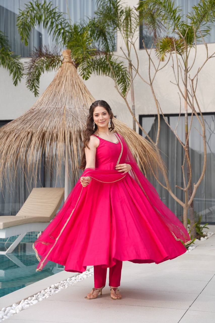 Pure Soft Roman Silk Chanderi Fabric Anarkali Suit Comes With Duppatta & Pant - Pink
