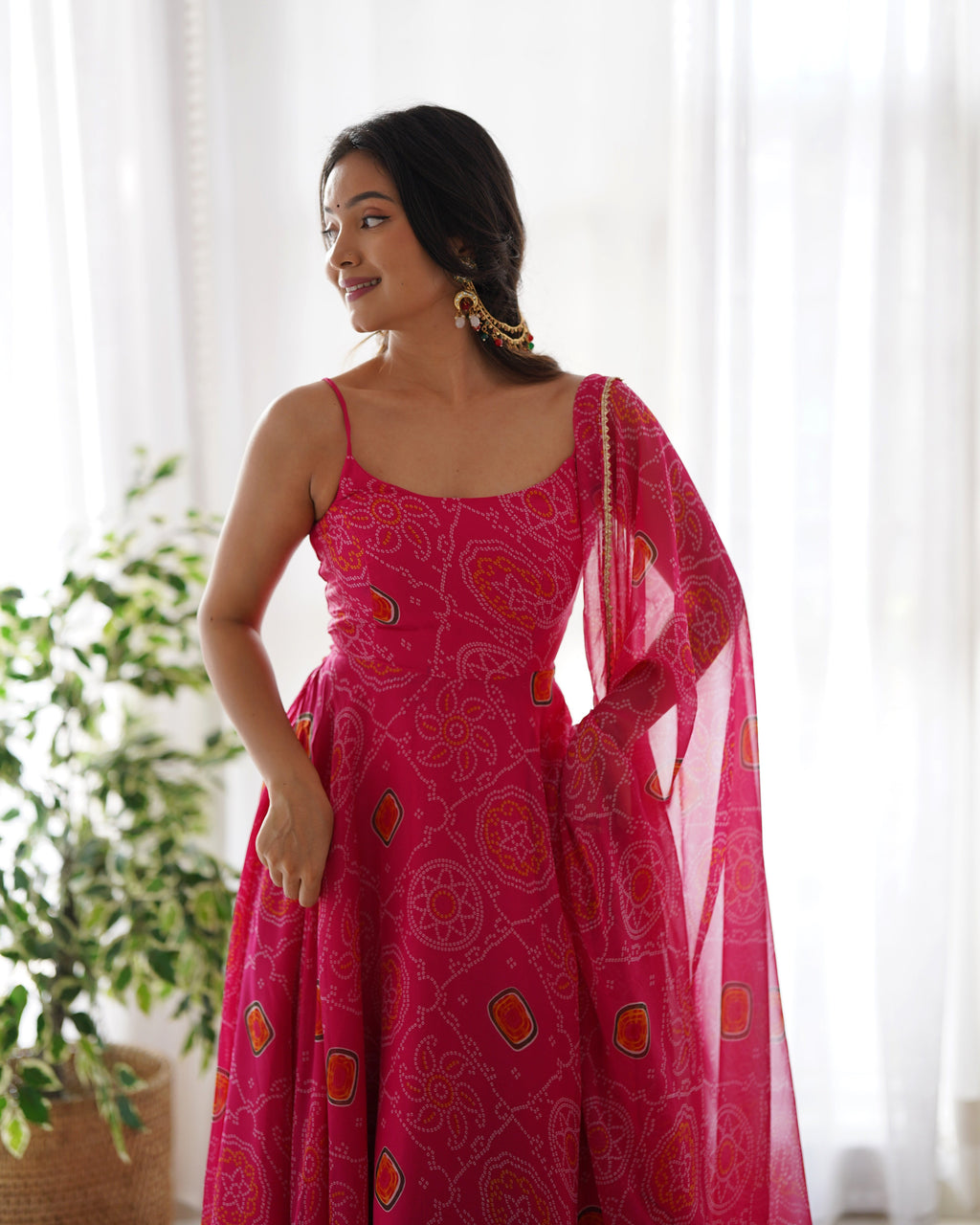 New Light Weight Bandhej Digitally Printed Pure Chiffon Gown With Huge Flair Comes With Duppatta & Pant
