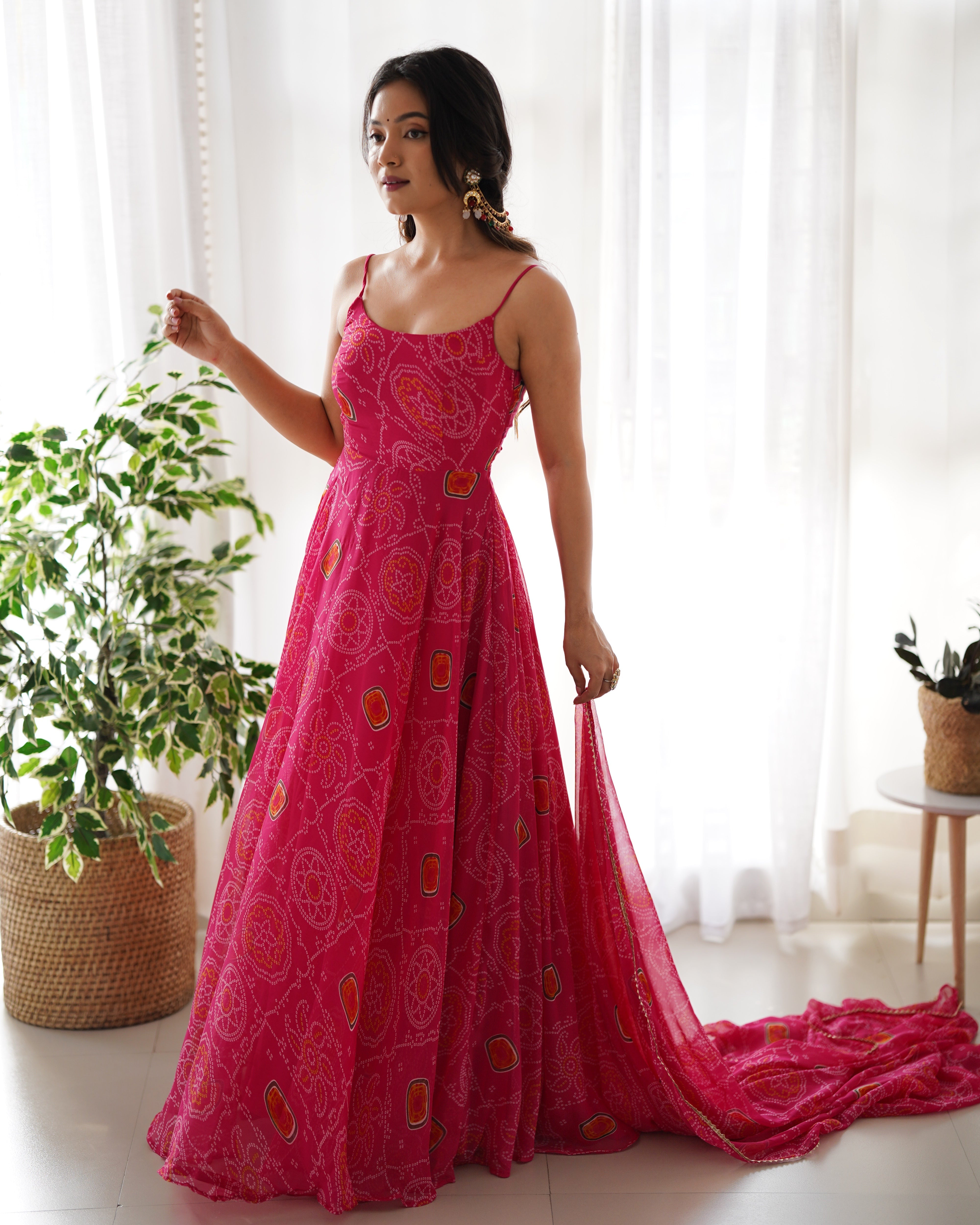 New Light Weight Bandhej Digitally Printed Pure Chiffon Gown With Huge Flair Comes With Duppatta & Pant