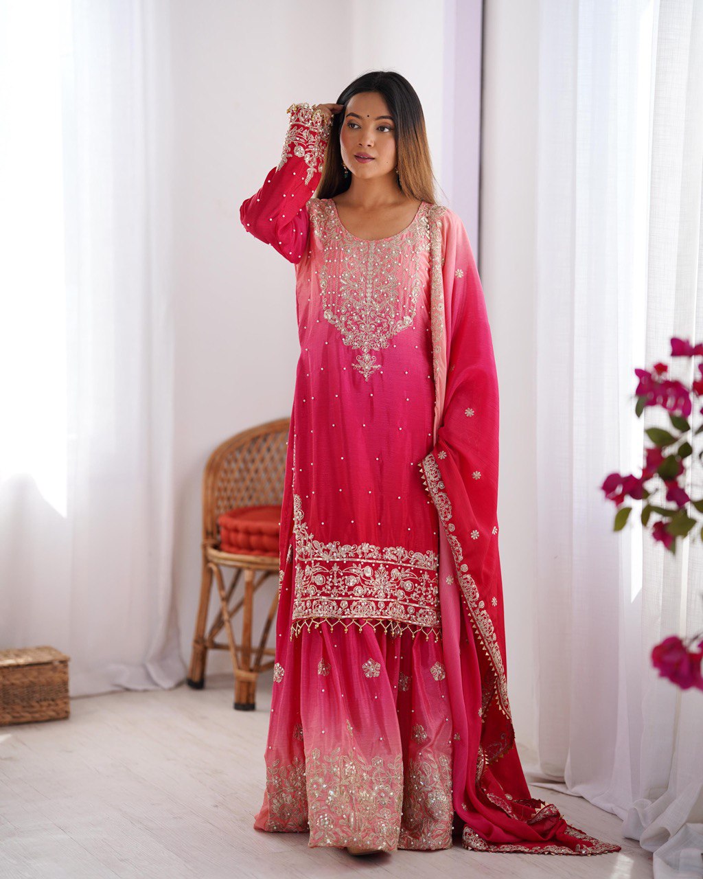 Premium Chinnon Silk with Coding Dori with Sequence with Rivet Moti Work Fancy Suit Set