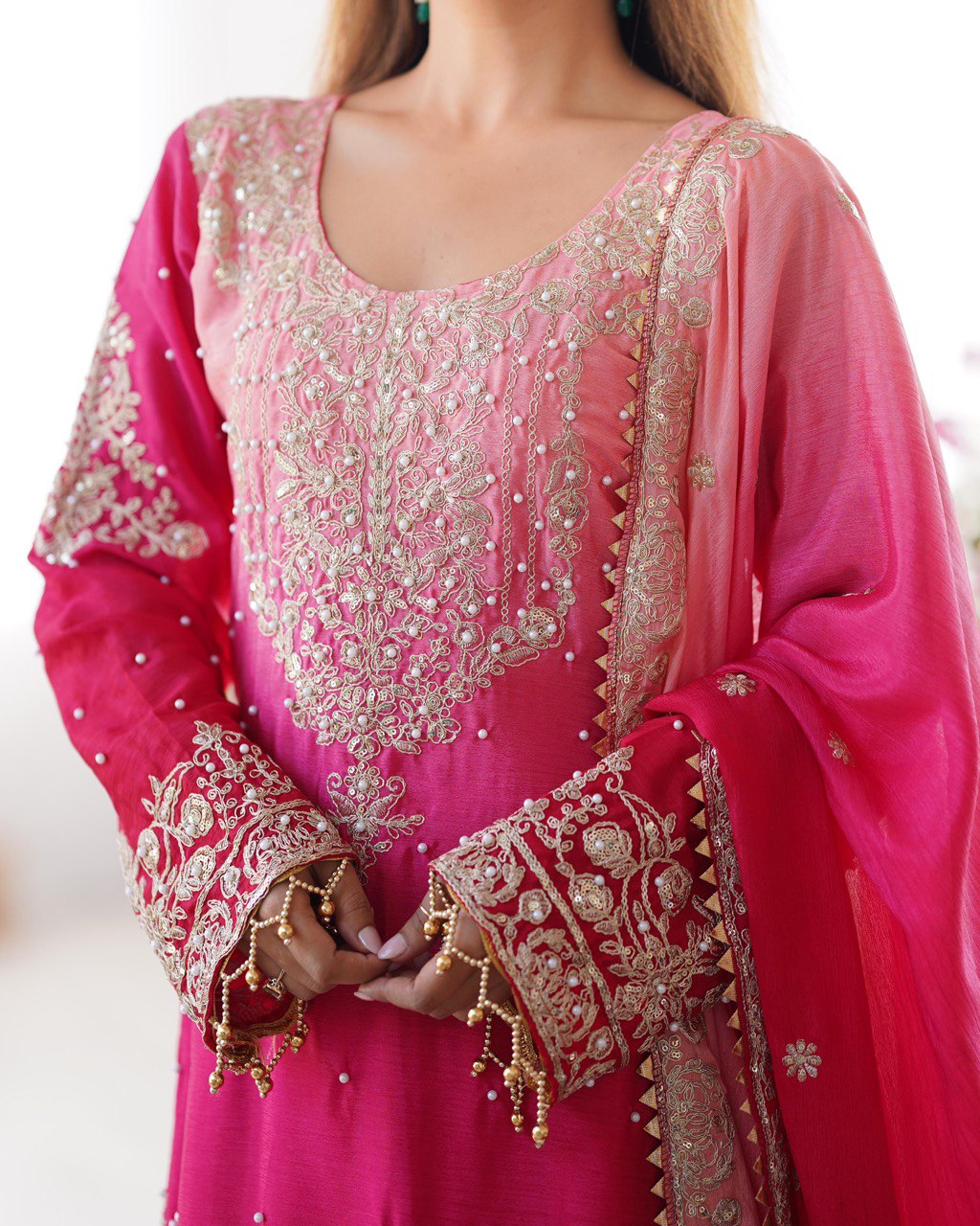 Premium Chinnon Silk with Coding Dori with Sequence with Rivet Moti Work Fancy Suit Set
