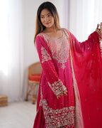 Premium Chinnon Silk with Coding Dori with Sequence with Rivet Moti Work Fancy Suit Set
