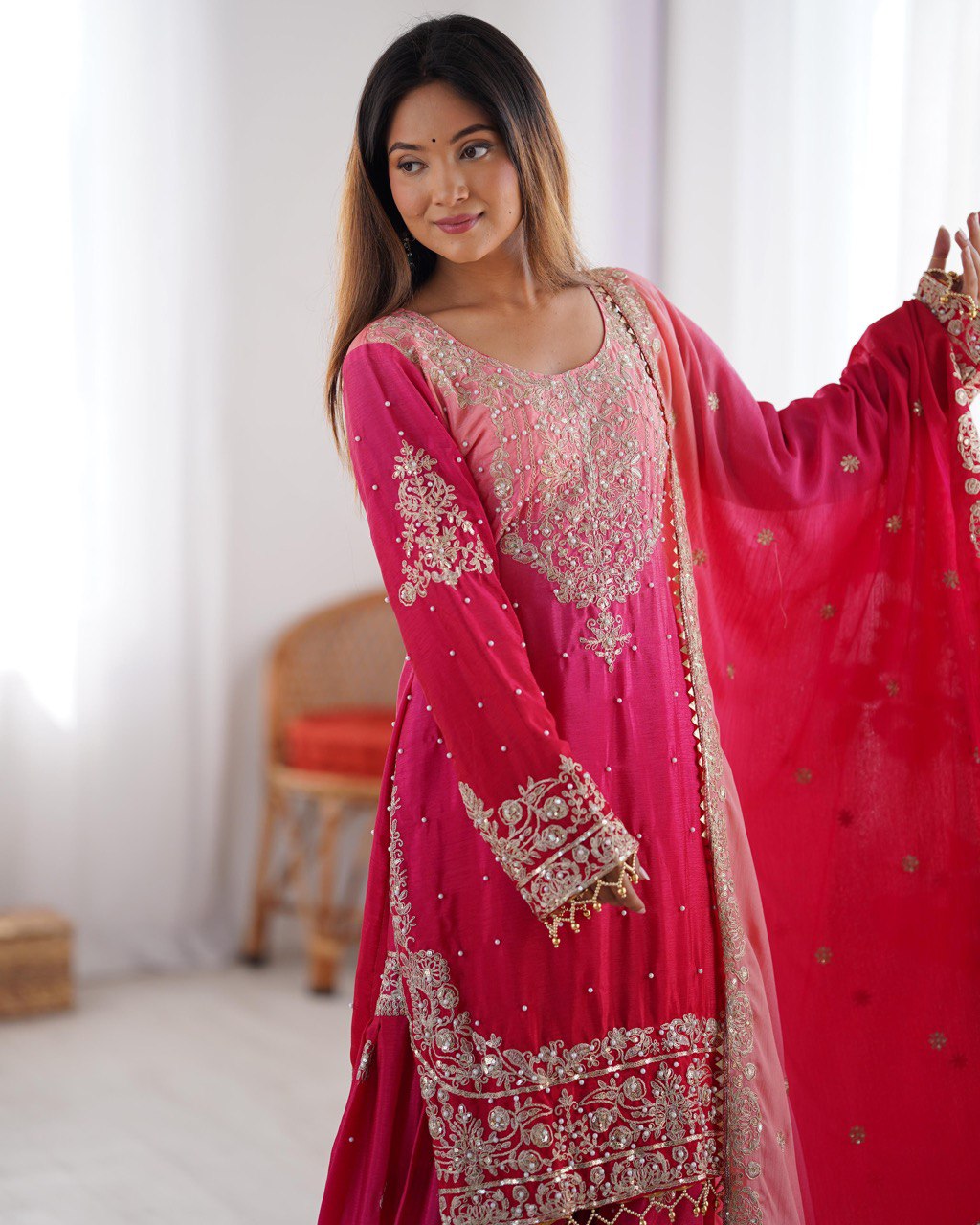 Premium Chinnon Silk with Coding Dori with Sequence with Rivet Moti Work Fancy Suit Set
