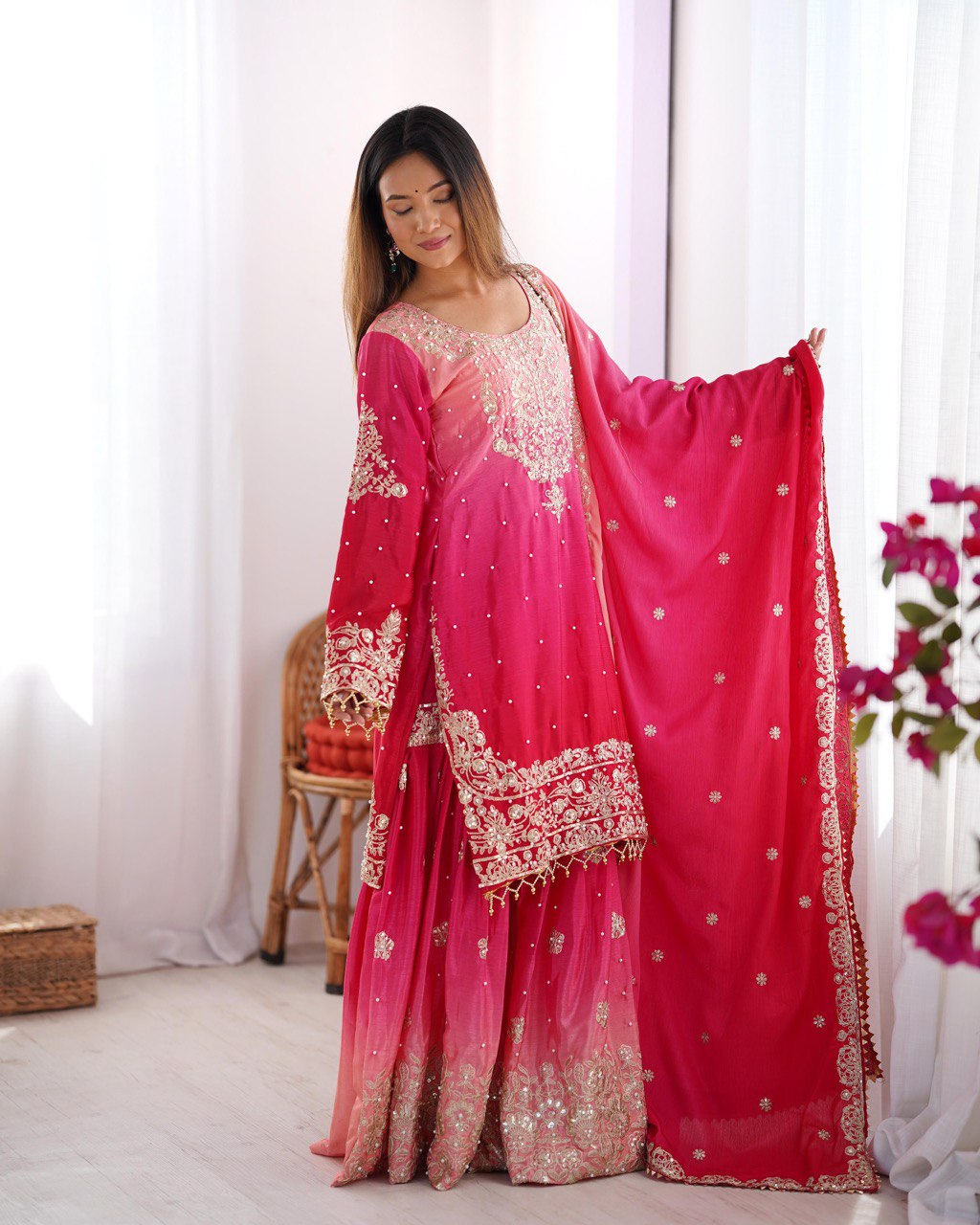Premium Chinnon Silk with Coding Dori with Sequence with Rivet Moti Work Fancy Suit Set