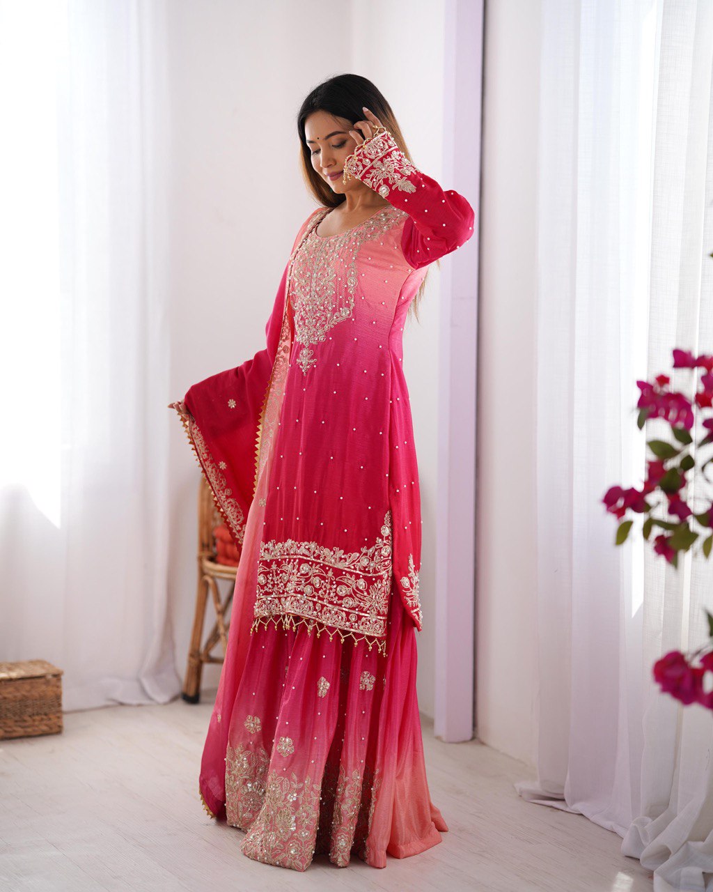 Premium Chinnon Silk with Coding Dori with Sequence with Rivet Moti Work Fancy Suit Set