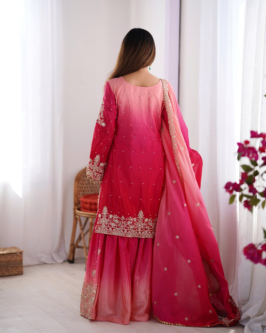 Premium Chinnon Silk with Coding Dori with Sequence with Rivet Moti Work Fancy Suit Set
