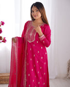 Beautiful Pure Chinon Silk Fabric Straight Fit Kurta, Dupatta With Trouser Set - Pink
