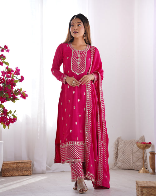 Beautiful Pure Chinon Silk Fabric Straight Fit Kurta, Dupatta With Trouser Set - Pink